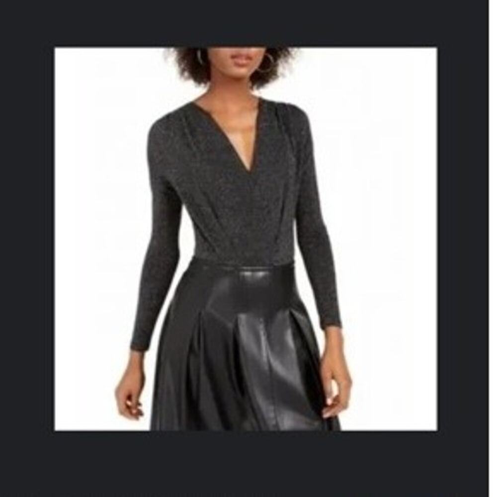 Kit & Sky Black Silver Glitter Sparkle Bodysuit XS Long Sleeve Plunge V Neck